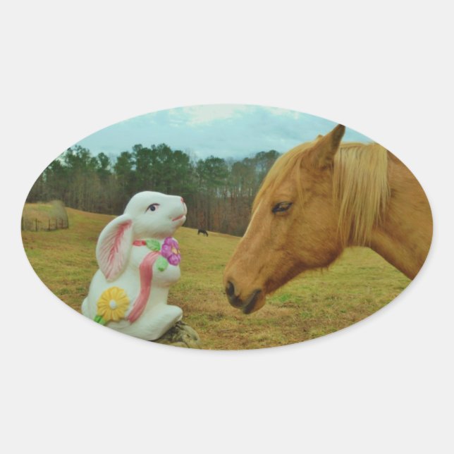 Blond Yellow horse & Easter Bunny Oval Sticker (Front)