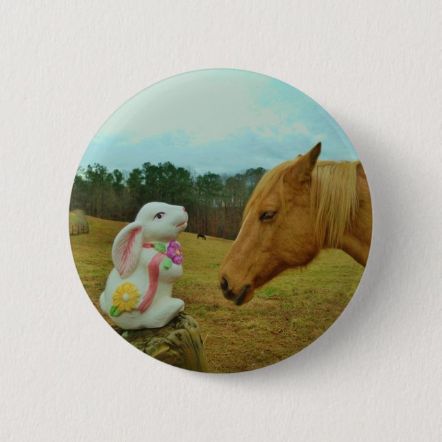 Blond Yellow horse & Easter Bunny Pinback Button (Front)