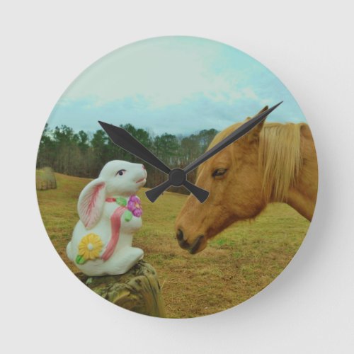 Blond Yellow horse  Easter Bunny Round Clock