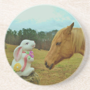 Blond Yellow horse & Easter Bunny Sandstone Coaster