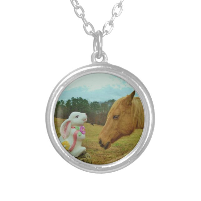 Blond Yellow horse & Easter Bunny Silver Plated Necklace (Front)