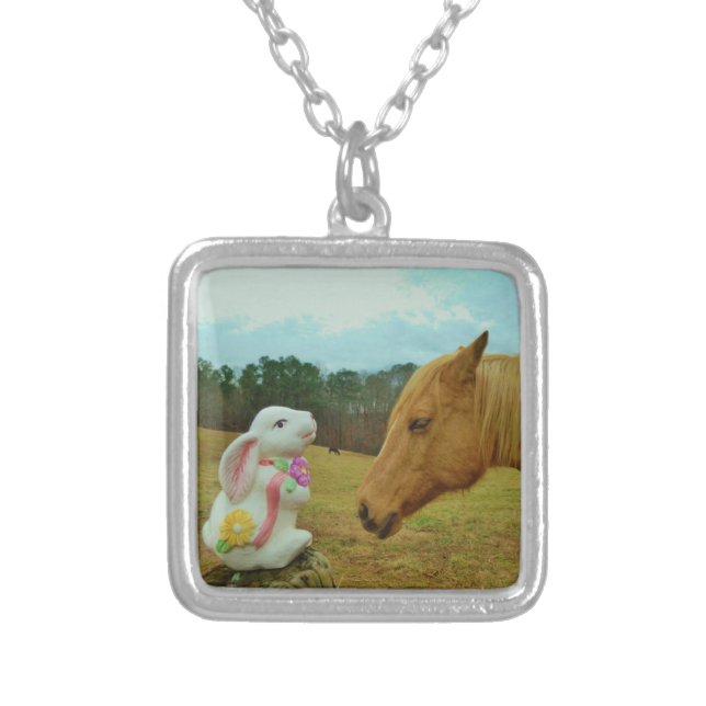 Blond Yellow horse & Easter Bunny Silver Plated Necklace (Front)