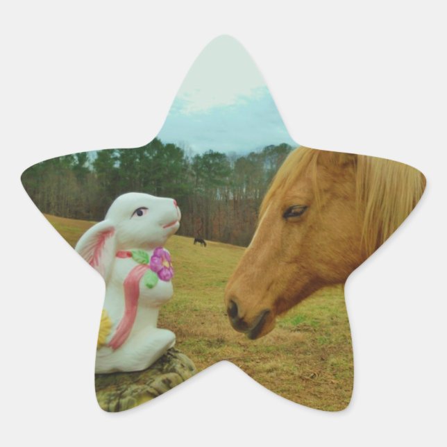 Blond Yellow horse & Easter Bunny Star Sticker (Front)