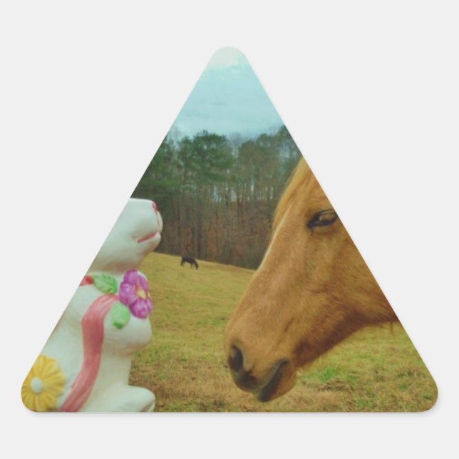 Blond Yellow horse & Easter Bunny Triangle Sticker (Front)