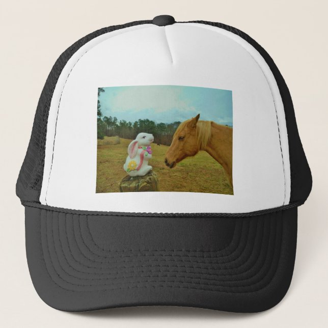 Blond Yellow horse & Easter Bunny Trucker Hat (Front)