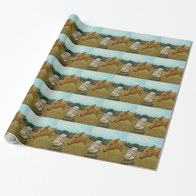 Blond Yellow horse & Easter Bunny Wrapping Paper (Unrolled)