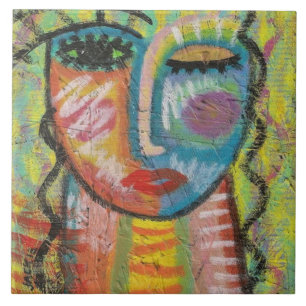 Blonde Abstract Acrylic Portrait on OSB Ceramic Tile