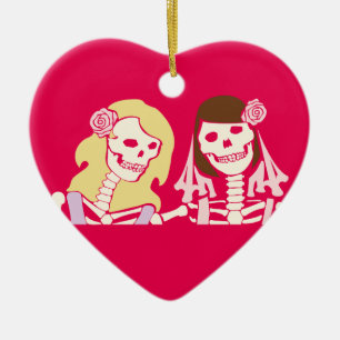 Blonde and Brunette Female Skeleton Couple Ceramic Ornament