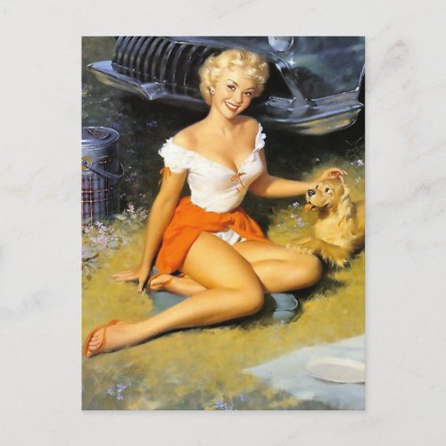 Blonde and Puppy Pin Up Postcard