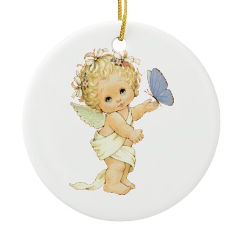 Blonde Angel baby with a butterfly. Metal Ornament