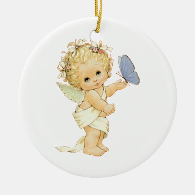 Blonde Angel baby with a butterfly. Metal Ornament (Front)