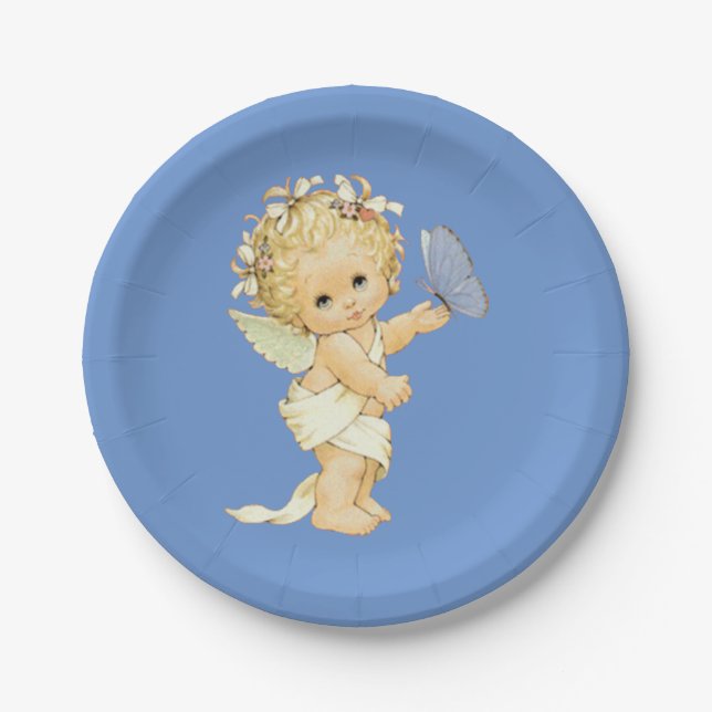 Blonde Angel baby with a butterfly. Paper Plates (Front)