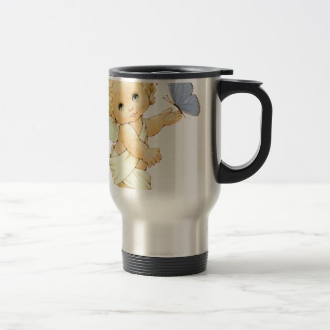 Blonde Angel baby with a butterfly. Travel Mug (Right)