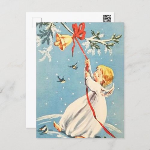 Blonde Angel Ringing a Gold Bell Red Bow Postcard