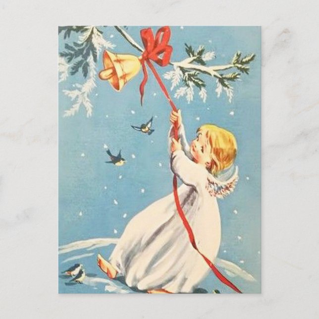 Blonde Angel Ringing a Gold Bell Red Bow Postcard (Front)