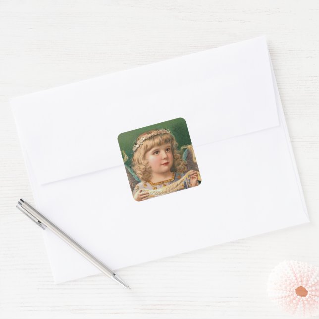 Blonde Angel with Christmas Banner Square Sticker (Envelope)
