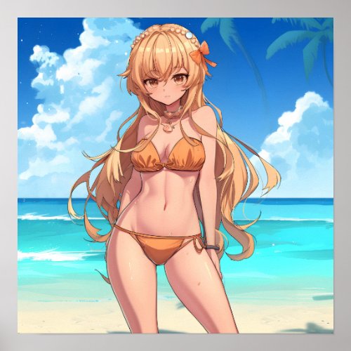 Blonde Anime Beach Girl In A Swimsuit Poster