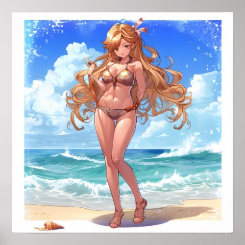 Blonde Anime Curly Hair Beach Girl In A Swimsuit Poster