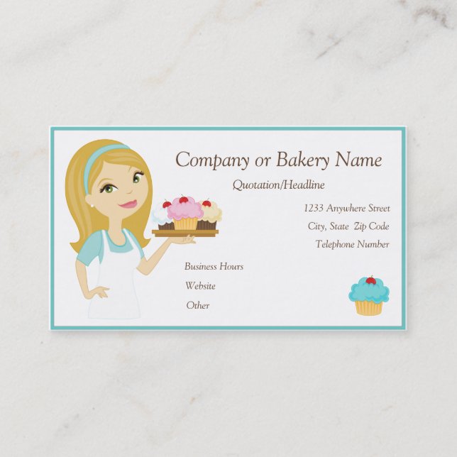 Blonde/Aqua Cupcake Baker/Bakery 2 Business Card (Front)