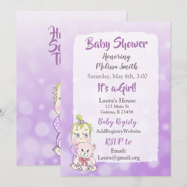 Blonde Baby Girl with Teddy Bear Baby showier Invitation (Front/Back)