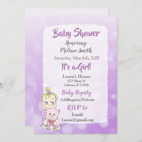 Blonde Baby Girl with Teddy Bear Baby showier Invitation