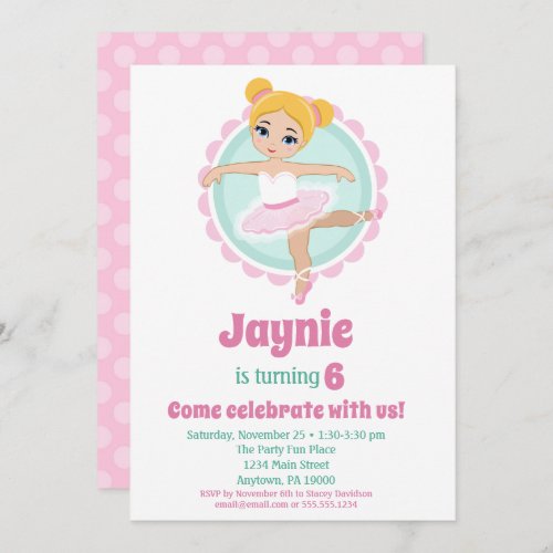 Blonde Ballerina Ballet Dancing Birthday Party Invitation