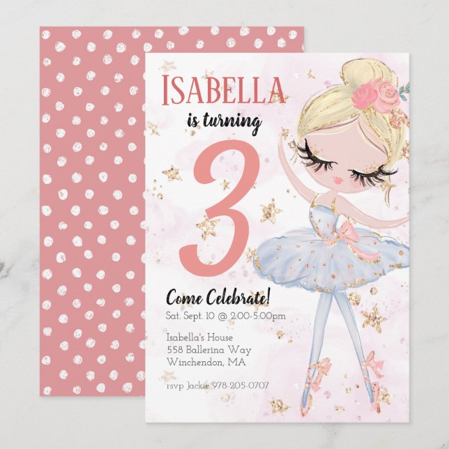 Blonde Ballerina Birthday Party Invitation (Front/Back)