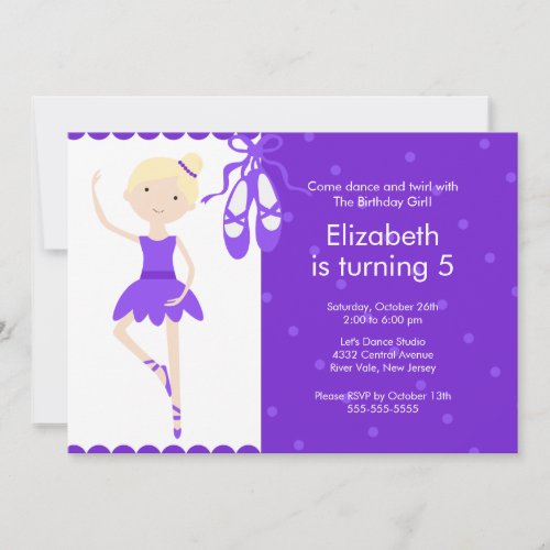 Blonde Ballerina Dance Birthday Invitation Purple
