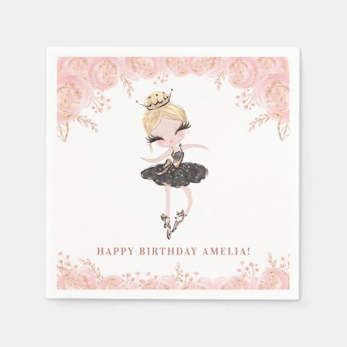 Blonde Ballerina in Black Dress Floral Birthday Napkins