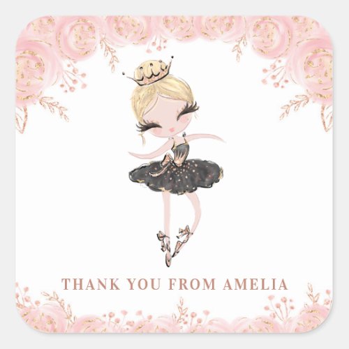 Blonde Ballerina in Black Dress Floral Birthday Square Sticker
