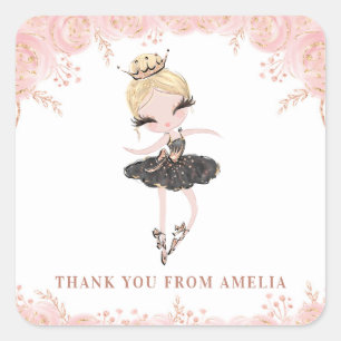 Blonde Ballerina in Black Dress Floral Birthday Square Sticker