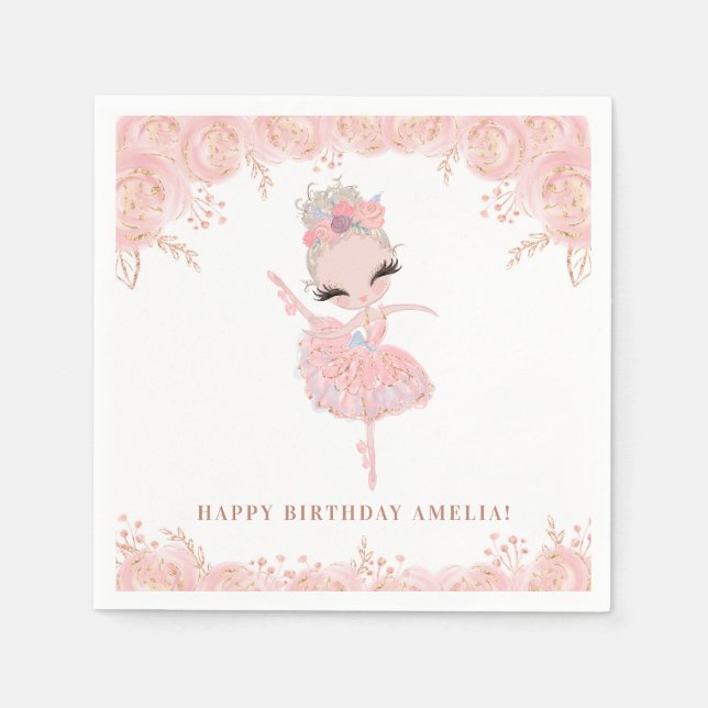 Blonde Ballerina in Pink Dress Floral Birthday Napkins (Front)