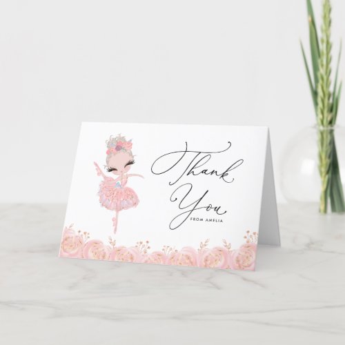 Blonde Ballerina in Pink Dress Floral Birthday Thank You Card