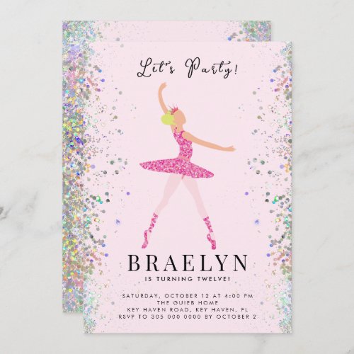 Blonde Ballerina in Pink Glitter Dress Birthday Invitation
