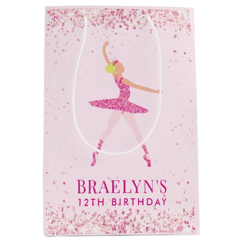 Blonde Ballerina in Pink Glitter Dress Birthday Medium Gift Bag
