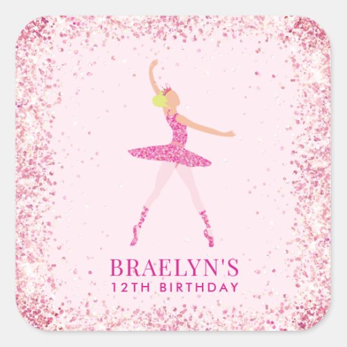 Blonde Ballerina in Pink Glitter Dress Birthday Square Sticker