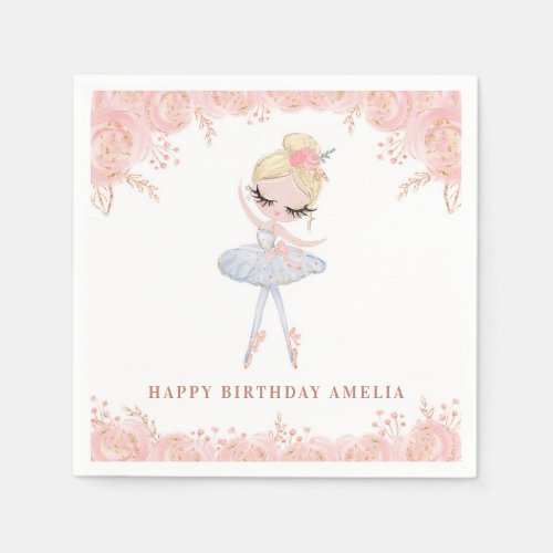 Blonde Ballerina in White Dress Floral Birthday Napkins