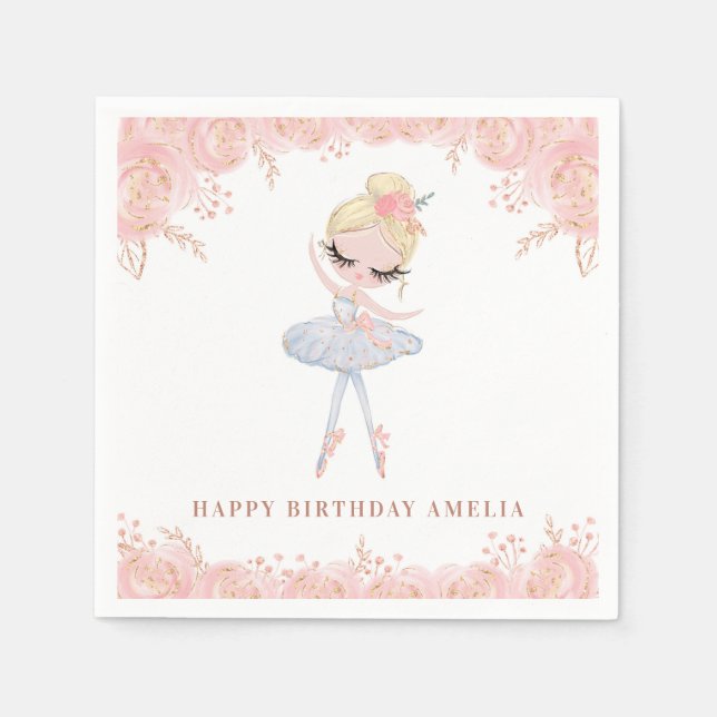 Blonde Ballerina in White Dress Floral Birthday Napkins (Front)