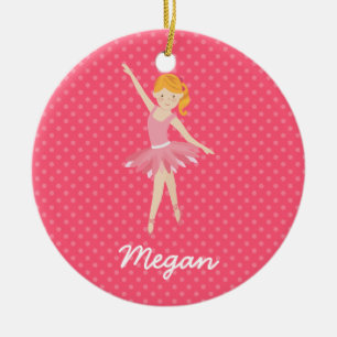 Blonde Ballerina with Pink Polka Dots Ceramic Ornament