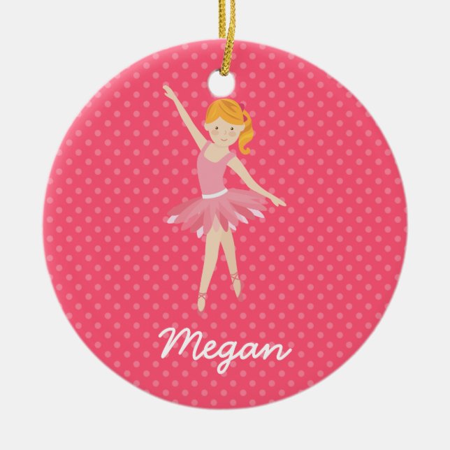Blonde Ballerina with Pink Polka Dots Ceramic Ornament (Front)