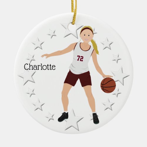 Blonde Basketball Girl In Maroon And White Ceramic Ornament