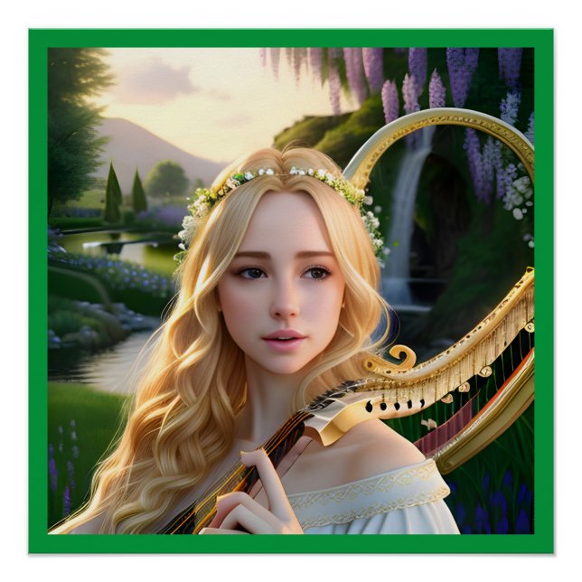Blonde Beautiful Muse Playing a Harp Poster (Front)
