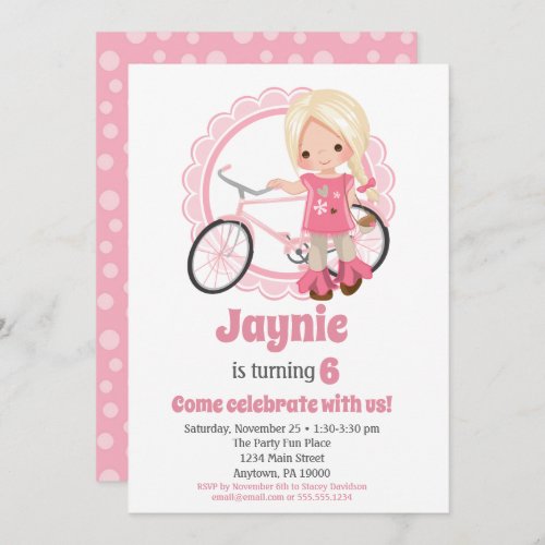 Blonde Bicycle Girl Birthday Invitation