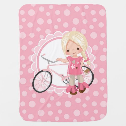 Blonde Bicycle Girl _ Pink White Baby Blanket