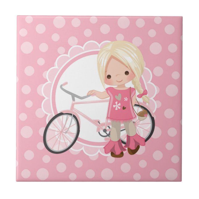 Blonde Bicycle Girl - Pink White Ceramic Tile (Front)