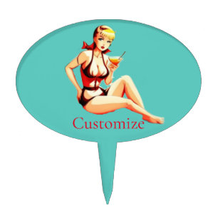 Blonde Bikini Girl With Cocktail Drink Cake Topper
