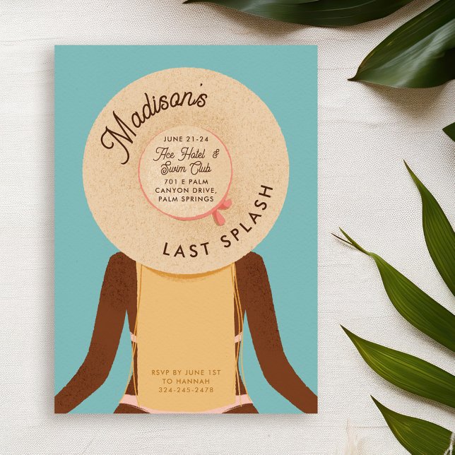 Blonde Black Girl Last Splash Bachelorette Weekend Invitation (blonde hair and black skin girl wearing a beach hat - bachelorette pool party invitation)