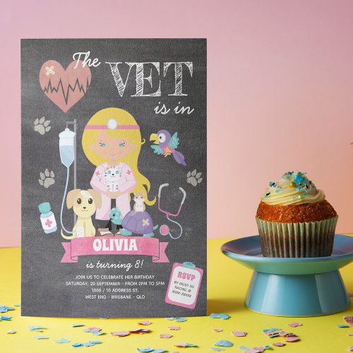 Blonde Blue Eyed Chalkboard Vet Birthday Party Invitation