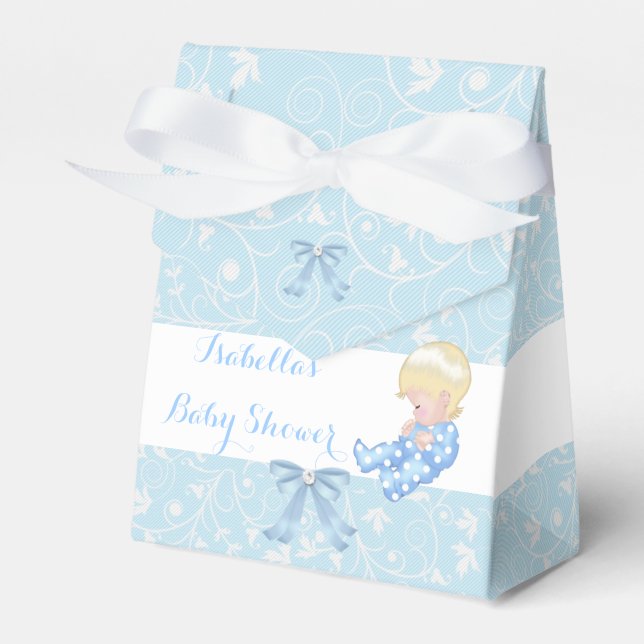 Blonde Boy Baby Shower Blue Cute Baby Favor Boxes (Front Side)