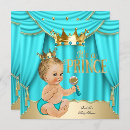 Blonde Boy Baby Shower Prince Aqua Blue Gold Crown Invitation